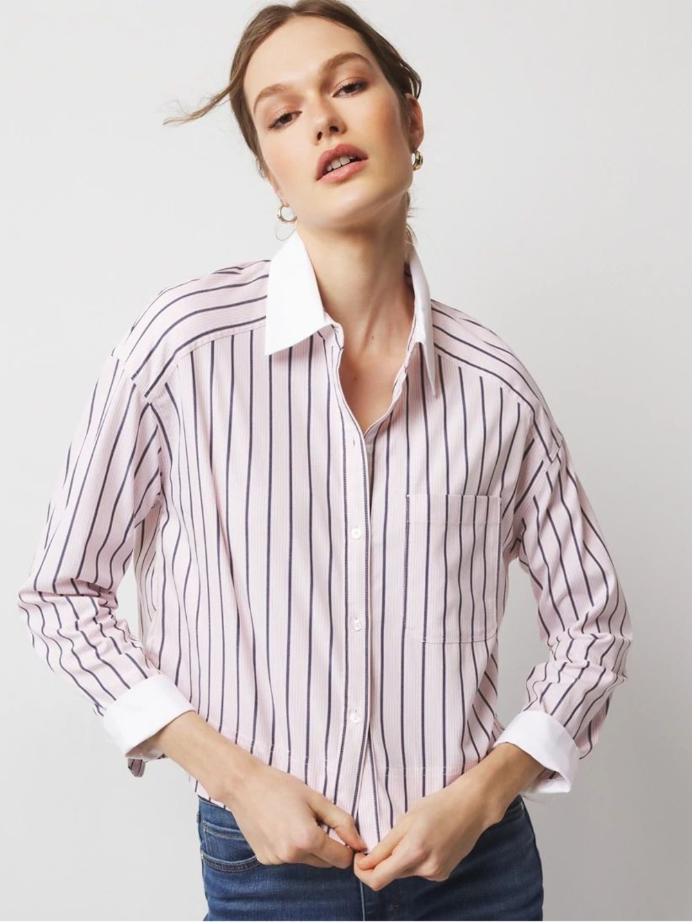 NEW White House Black Market Pink & White Striped Poplin Button Up Shirt